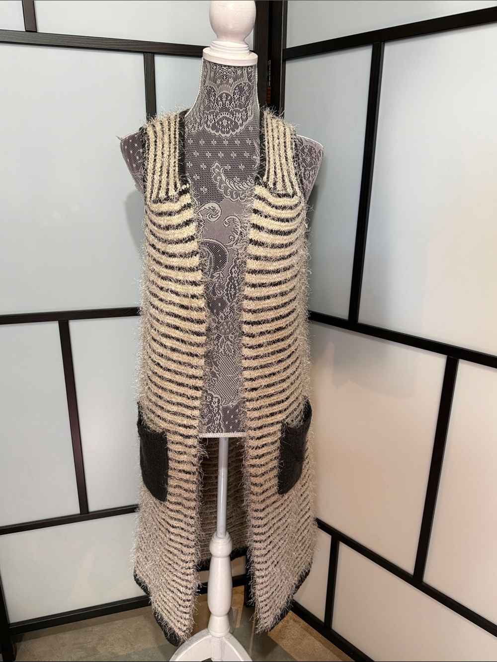 Striped Fuzzy Long Knit Vest Cardigan in Cream and Black